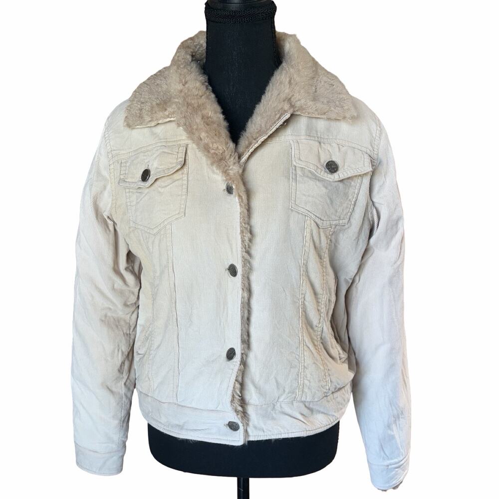 Vintage Panzia Jeans Corduroy Jacket Womens M Tan Faux Fur Lined Y2K 90s